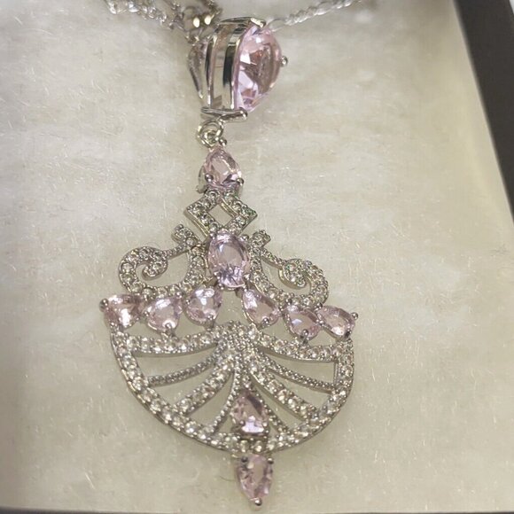 Women's Sterling Silver 16" Neckalce & Pendant Kunzite & CZ NEW - Picture 1 of 14